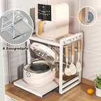 2-Tier Microwave Rack - Height Adjustable & Extendable Kitchen Shelf with Drawer - Carbon Steel - Includes Hooks & Reinforcement Suction Cups - Easy Assembly (White)