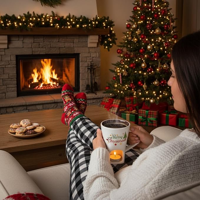 Honeydak Christmas Chocolate Fondue Mug with Fork and 3 Candle Sweet Ceramic Personal Chocolate Melting Cup Ideal Xmas Gifts Birthday Date Night Birthday Wedding Gifts(White,Modern)