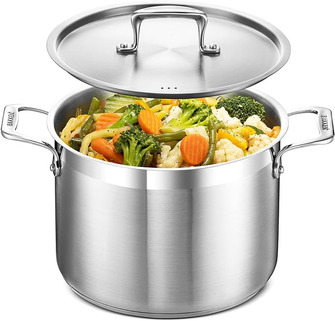 Stainless Steel Stockpot with Lid 8 Quart, Durable 18/8 Stainless Steel, Impact-Bonded Base for Even Heating, Riveted Handles, Oven & All Stove Compatible, Safe Up To 500°F (260°C)