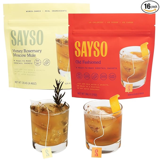 SAYSO Honey Rosemary Moscow Mule & Old Fashioned - Instant Cocktail or Mocktail Mixers - No Hot Water - Professionally Crafted - Home Bar - Organic Ingredients, 16-Pack