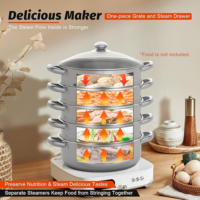 5 Tier Layer Stainless Steel Steamer Pot, 304 Food Grade Steel Multipurpose Steam Cookware Steaming Pot with Stackable Pan and Lid for Cooking Corn,Dumpling,Fish (Silver, 5 Tier - 30cm)