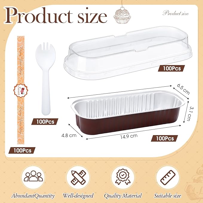 Tioncy 50 Pcs Mini Brown Loaf Pans with Lids Spoons Sticker Chocolate Pattern 6.8oz Disposable Rectangle Aluminum Foil Baking Pans Muffin Cupcake Cups for Picnics Wedding Birthday Baby Shower