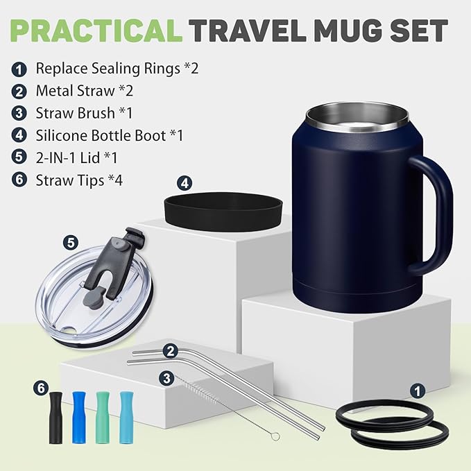BENZZO 50 oz Tumbler with Handle and Straw Large Coffee Travel Mug Insulated Water Jug Thermal Cup Cold and Hot with Lid