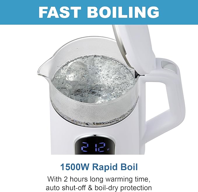 Electric Kettle, 1500W Fast Boiling Glass Water Kettle with Temperature Control, 1.7L Cordless Stainless Steel Base, Keep Warm & Auto Shut-Off, BPA-Free, White