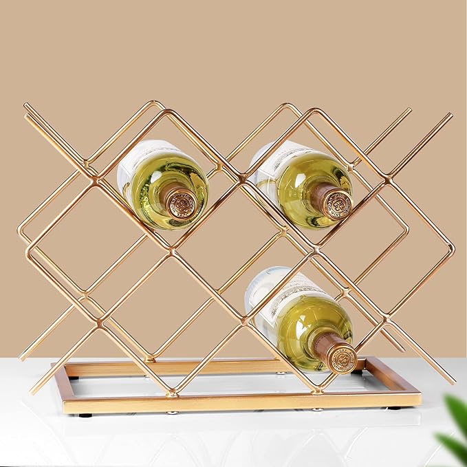 Countertop Wine Rack - 10 Bottle Freestanding Modern Gold Metal Small Wine Rack - Tabletop Wine Holder Stand for Cabinet, Pantry, Wine Bottle Storag…