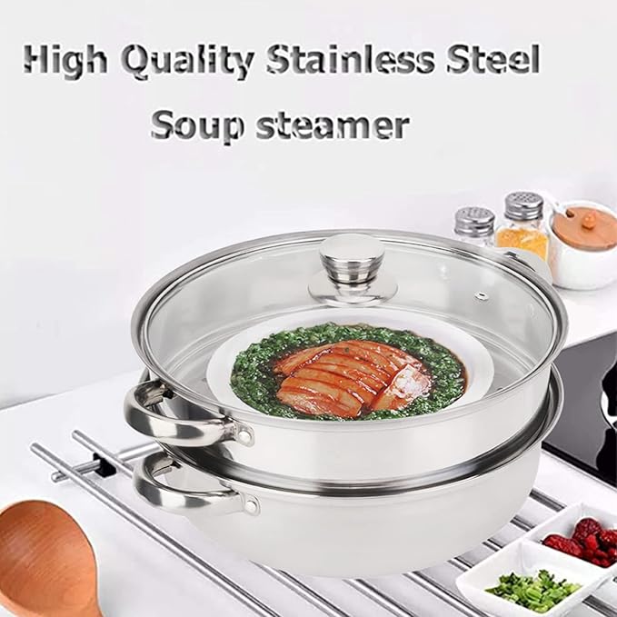 Oumefar Steamer Pot for Cooking, 11in Stainless Steel 2 Layer Steamer Cooking Pot Set, Multipurpose Steamer Pan Set with Glass Lid, Steaming Pot Cookware for Dumpling, Vegetable