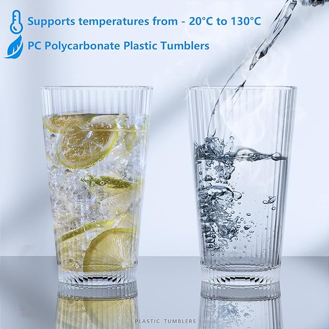 Topsky 20-ounce Plastic Water Tumblers | Set of 4 Transparent Unbreakable Drinking Glasses Clear Acrylic Reusable Juice Wine Cups for Home Picnic Party, Dishwasher Safe, Stackable (Transparent)