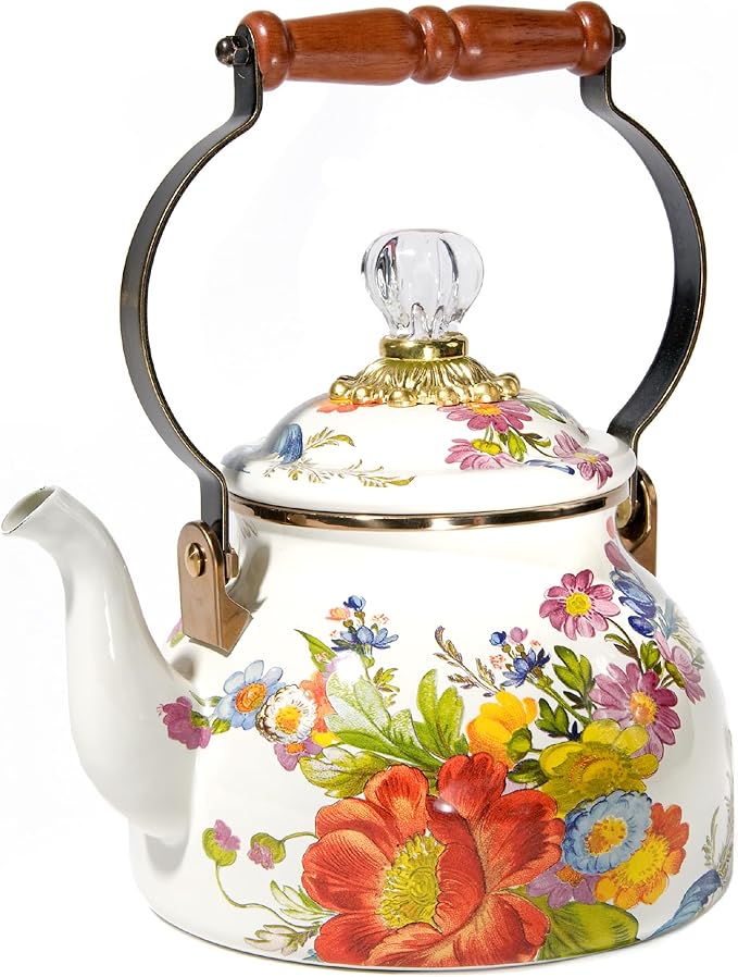 MACKENZIE-CHILDS Enamel Tea Kettle, Stylish Tea Kettle for Stovetop, White Flower Market, 2 Quarts