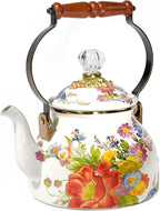 MACKENZIE-CHILDS Enamel Tea Kettle, Stylish Tea Kettle for Stovetop, White Flower Market, 2 Quarts
