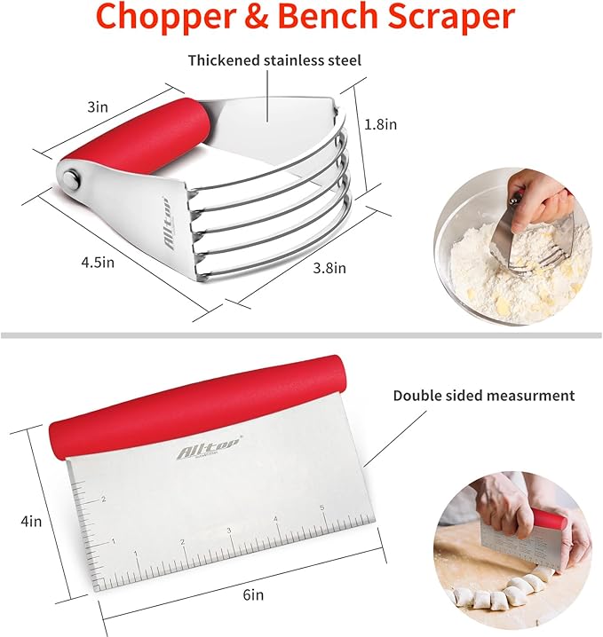 ALLTOP Pastry Blender & Bench Scraper Set - Premium Kitchen Baking Essential Tools for Cake and Bread Making - Stainless Steel Dough Scraper&Butter Cutter for Homemade Delights - Red