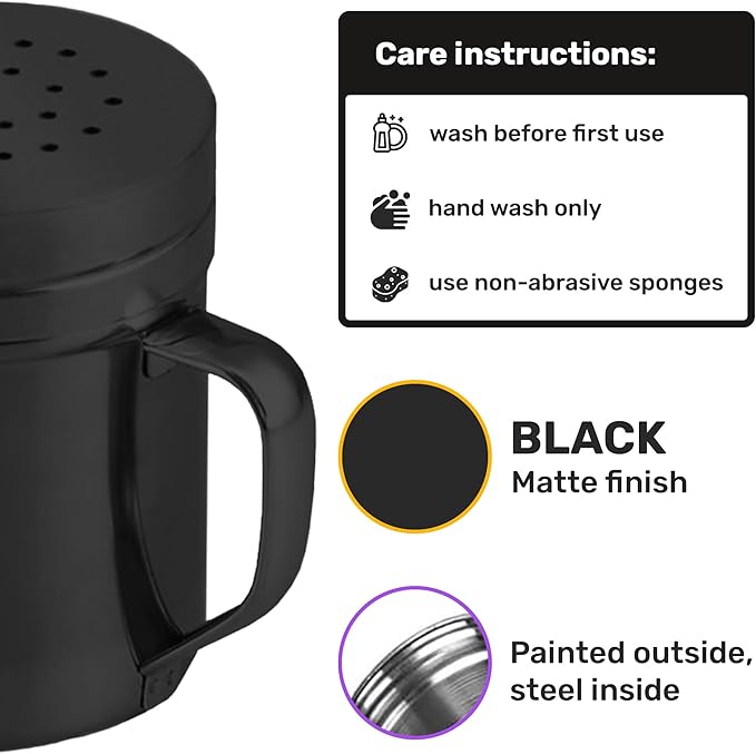 CUSINIUM 6oz Black Stainless Steel Salt Pepper Dredge Shakers - With Plastic Cap - With Handle - Pack of 2