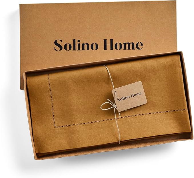Solino Home Square Linen Tablecloth 52 x 52 Inch - 100% Pure Linen Brown Sugar Table Throw - Classic Hemstitch, Machine Washable Table Cloth for Summer, Fall, Autumn