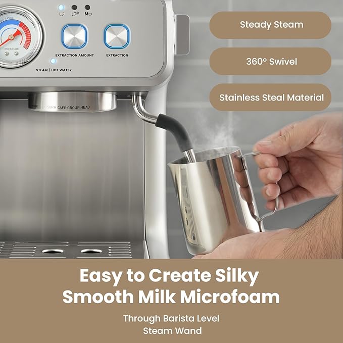 Gevi Dual Boiler Espresso Machine with Built-in Grinder, 58mm Professional Portafilter, Barista Steam Wand, 31 Grind Settings, Commercial Grade Stainless Steel Housing for Home Café, Sterling Silver