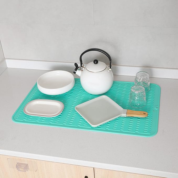 Silicone Dish Drying Mat for Multiple Usage,Easy clean,Eco-friendly,Heat-resistant Silicone Mat for Kitchen Counter or Sink,Refrigerator or Drawer Liner Mint 3XL 28 inches x 18 inches