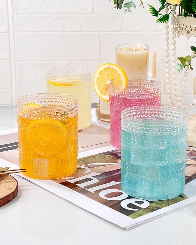 18PCS Plastic Hobnail Drinking Glasses - 14 Oz Clear Vintage Glasses Drinkware - Disposable Beaded Cups for Beer, Whiskey, Juice, Cocktail, Wine, Party