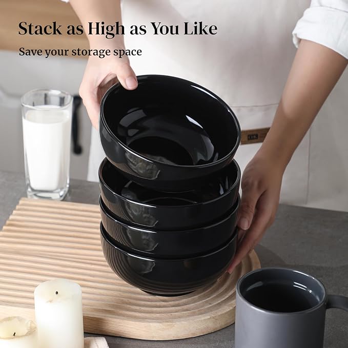 DOWAN 22 OZ Ceramic Soup Bowls & Cereal Bowls - 6" Classic Bowls Set of 4 for Soup, Cereal, Oatmeal, Fruit, Rice - Dishwasher & Microwave Safe (Black)