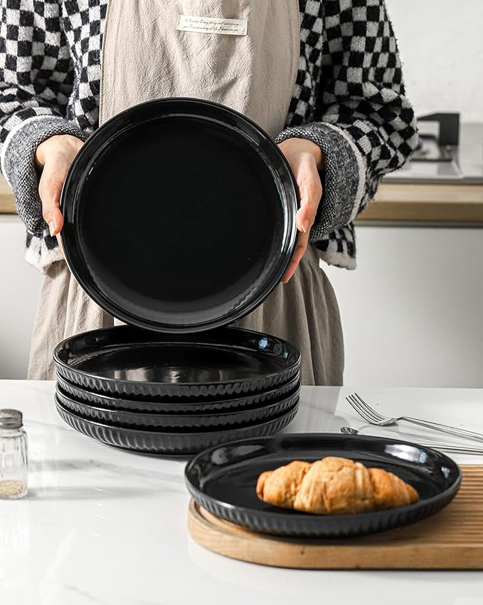 Hasense Black Dinner Plate Set of 6, 10 Inch Ceramic Plates for Kitchen, Large Salad Plates for Lunch, Dinnerware Dish for Restaurant, Home, Microwave Safe Dish for Mother's Day & Housewarming Gift