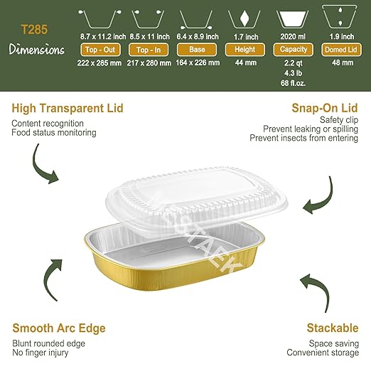 Oval Aluminum Foil Pans with Snap-On Lids (5 Pack) | 2X Thicker Heavy Duty Reusable Container 68oz for Take-Out (Gold)