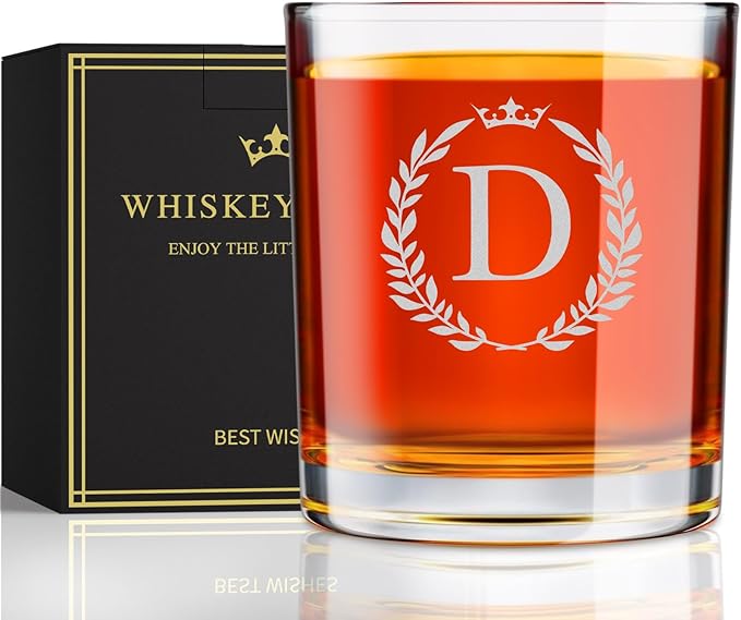 Personalized Whiskey Glasses Gifts for Men, Monogrammed Engraved A-Z 10.6 oz Rocks Glass Customized Gift, Unique Christmas Birthday Gifts for Men Him Dad Husband Brother Son (D)