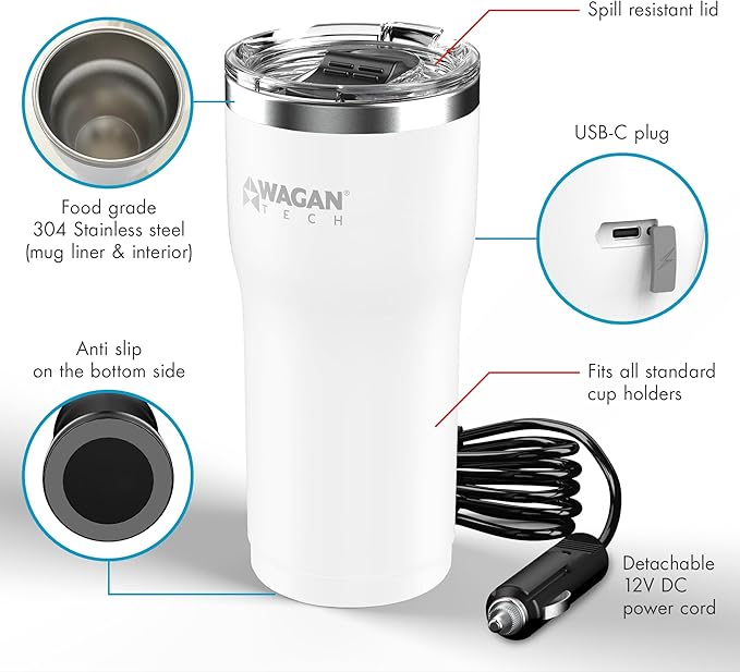 Wagan EL6102 12V Travel Car Heated Mug Portable 16oz Stainless Steel Anti-Spill Lid Slip resistant base Car Coffee Warmer Coffee Cup (White)