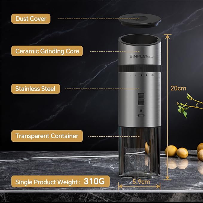 SIMPLETASTE Gravity Electric Pepper Mill and Salt Grinder Set Rechargeable with LED Light, Stainless Steel Body, Adjustable Coarseness for Pepper and Salt, gift to Men/Women