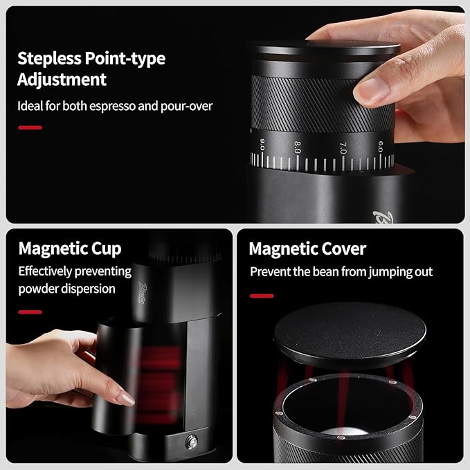 Espresso Grinder for Home Use - Stepless Adjustment Electric Burr Coffee Grinders, One-Touch Coffee Bean Grinder with 38mm 6-Star Conical Burr, Magnetic Dosing Cup and Air-Blowing
