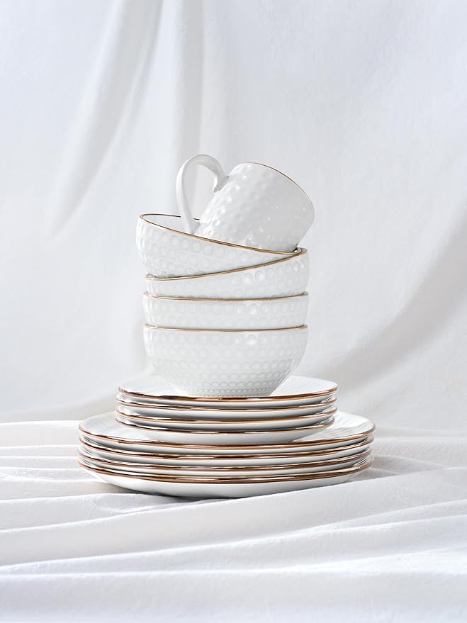 Famiware Eden Plates and Bowls Sets, Stoneware Dinnerware Sets with Gold Trim, 24 Pieces Dishes Set for 8 - Chip and Scratch Resistant, Microwave and Dishwasher Safe, White Circle