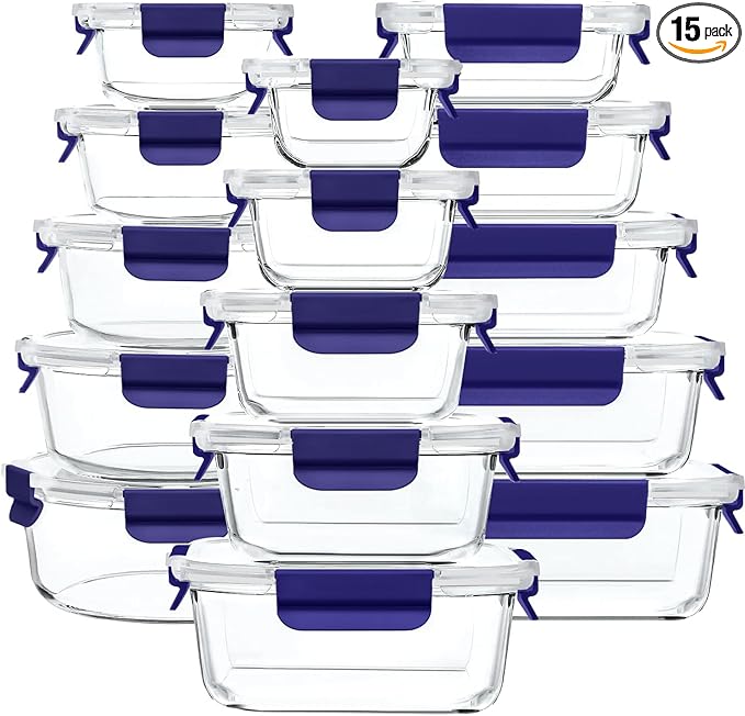 30 Pieces Glass Food Storage Containers with Snap Locking Lids,Glass Meal Prep Containers Set - Airtight Lunch Containers, Microwave, Oven, Freezer and Dishwasher BLUE