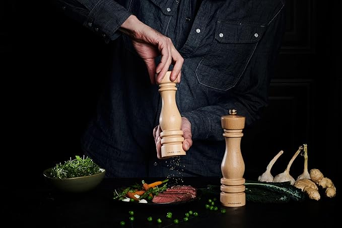 Cole & Mason London Refillable Spice Mill - Kitchen & Home Accessory - Table Black Pepper Grinder - Pepper Mill with Carbon Steel Mechanism - 8", Natural Beech