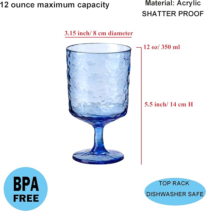 KX-WARE Iceberg Acrylic All-Purpose Wine Glasses, 12-ounce Plastic Stem Wine Glasses, set of 8 Multicolor