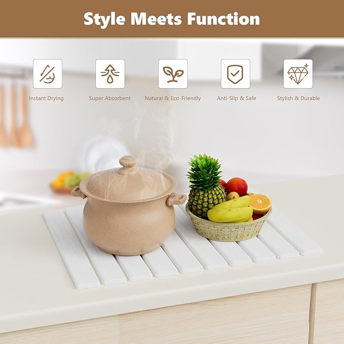 Large Stone Drying Mat for Kitchen Counter, 24"(L)×16"(W), Foldable Diatomaceous Earth Mat, Fast Drying & Absorbent Pad for Dishes, Bottles, Cups, Bathroom & Any Countertop (White)