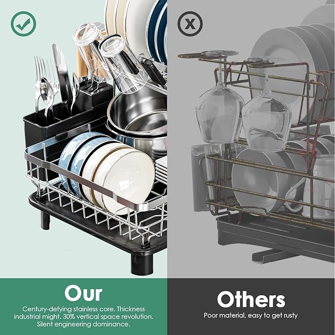 MOUKABAL Dish Drying Rack - 2 Tier Stainless Steel Dish Rack, Dish Racks for Kitchen Counter, Drying Rack Kitchen with Removable Utensil Holder and Drainboard (Black)