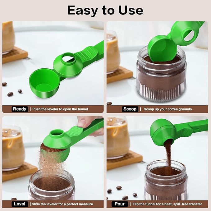 2-in-1 Coffee Scoop with Funnel, 2 Teaspoon Measuring Spoon for Reusable K Cups, Ground Coffee, Protein Powder & Tea, Mess-Free Plastic Design (Green)