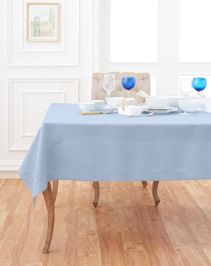 Solino Home Linen Tablecloth 60 x 120 Inch - Classic Hemstitch 100% Pure Linen Sky Blue Table Cloth for Rectangle Tables - Machine Washable Tablecloth for Summer