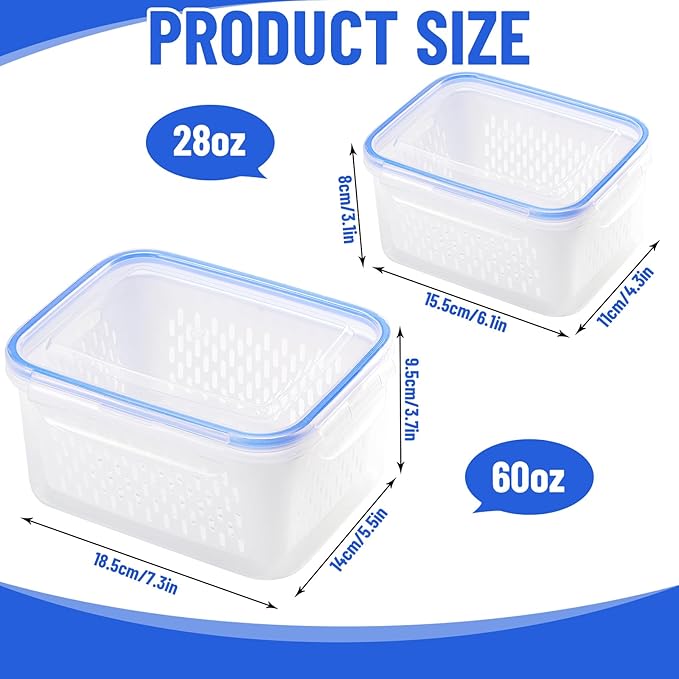 Large Fruit Containers for Fridge - Leakproof Food Storage Containers with Removable Colander - Dishwasher safe Produce Containers Keep Fruits, Vegetables, Berry, Meat Fresh longer (2)