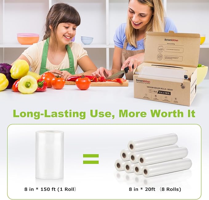 [2025 New] Bonsenkitchen 8” x 150’ Vacuum Sealer Bags Rolls with Cutter for Food Storage, Commercial Grade, BPA Free, Great for Meal Prep and Sous Vide Cooking