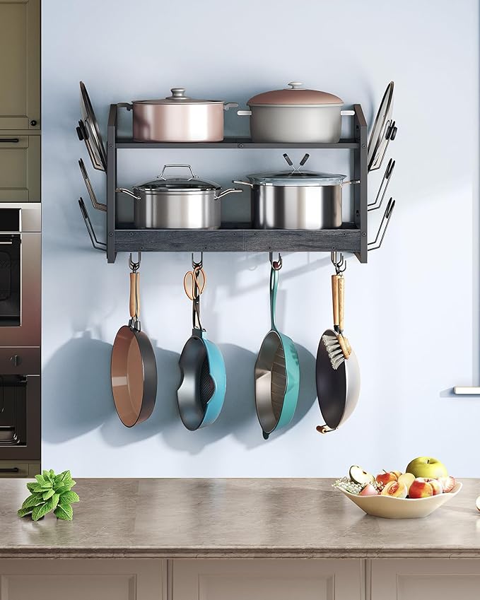 Hanging Pot Rack, Pot Rack Wall Mounted, 2-Tier Kitchen Pot and Lid Organizer, Wall-Mounted Cookware Holder with 12 Hooks, for Kitchen Storage of Pots, Pans, Utensils, Charcoal Black TPR02BC