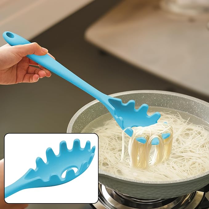 Silicone Cooking Spoons, Heat Resistant Large Silicone Pasta Slotted Spoon Solid Basting Spoon set for Nonstick Cookware, BPA Free Black Kitchen Silicone Spoons set for Mixing, Serving, Draining Blue