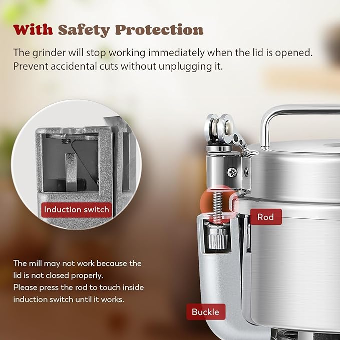 Moongiantgo Grain Mill Grinder Electric 800g High Speed Stainless Steel Grinder Pulverizer Commercial Motor with Overload Protector Grinding Machine for Dry Spice Cereals Coffee Corn Rice Pepper