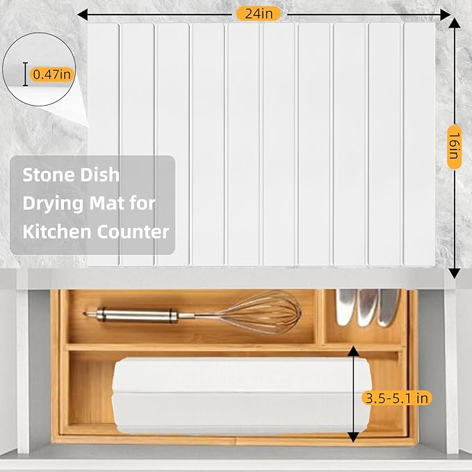 Large Stone Dish Drying Mats for Kitchen Counter, 24"(L)×16"(W), Fast Dry Super Absorbent Collapsible Dish Drying Pad (White, 24"(L)×16"(W))