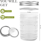 Mason Jars 16 Oz with Lids 6 Packs, Vintage Wide Mouth Glass Canning Jar for Pickling, Fermenting, Storing, Canning, Home Decor, Salad Jam and DIY Crafts