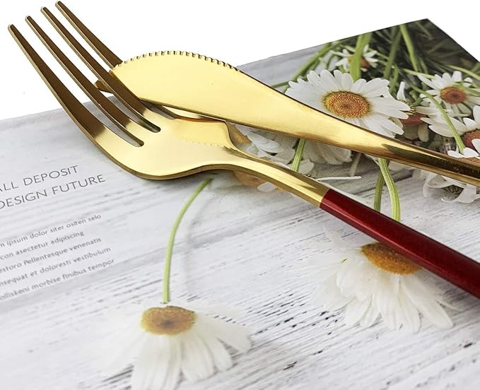 Red Gold Silverware Set, JASHII 20-Piece Stainless Steel Satin Finish Flatware Set, Kitchen Utensil Set, Mirror Polished Tableware Cutlery Set for Home and Restaurant, Dishwasher Safe