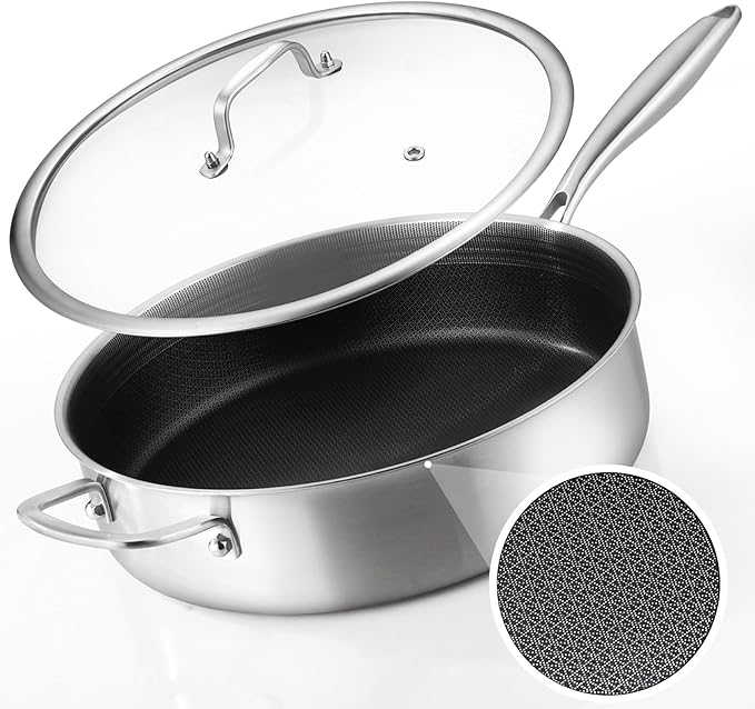 DELARLO Tri-Ply Stainless Steel 5.5QT Saute Pan With Lid, Nonstick 12.3 Inch Deep Frying Pan, Induction Large Skillet, Cooker Pan for Chefs, 12inch Chef's Pan Dishwasher & Oven Safe 650℉