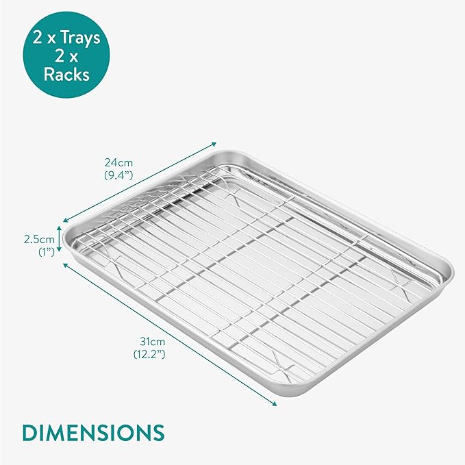 Navaris Quarter Sheet Baking Pan Breading Trays w Racks - Stainless Steel Baking Sheet with Wire Rack Insert for Oven Cooking - Cookie Bacon Tray - Set of 4 12.2X 9.4” (31x24cm)