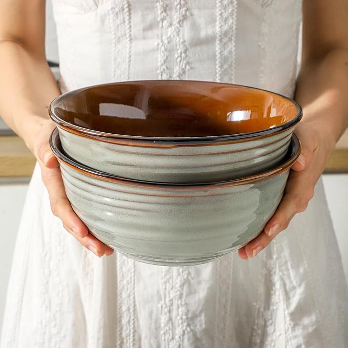 Mixing Bowls 65oz,Large Deep Ceramic Bowls for Kitchen Prep, Baking,Salad, Pasta, Ramen, Soup, Serving,Microwave & Dishwasher Safe Set of 2,Durable Matte Finish,Vintage Brown