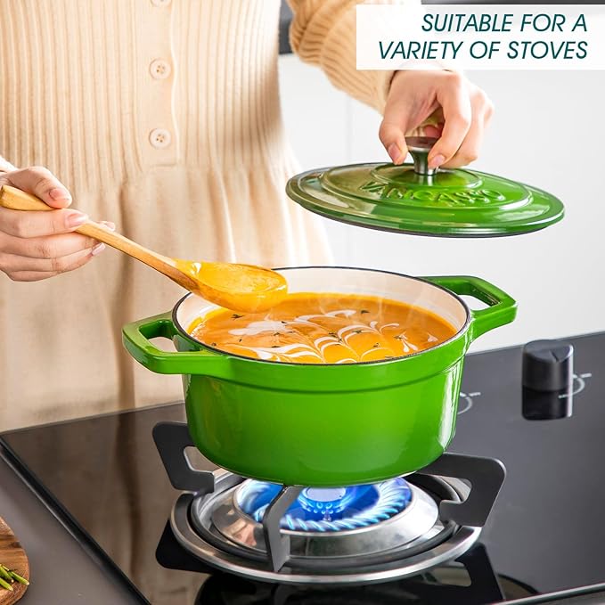 vancasso Enameled Cast Iron Dutch Oven, 2.5 QT Green Naturally Non-Stick Casserole Dish Cookware, with Stainless Steel Knob Lid Cast Iron Casserole for Steam Braise Bake Broil Saute Simmer Roast