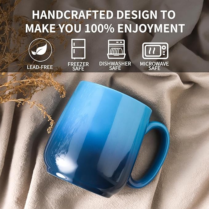 Hasense Ceramic Coffee Mugs Set of 4,15oz Large Mugs Set for Home and Office, Microwave & Dishwasher Safe, Coffee Cups for Coffee Tea Mike, Gradient Blue