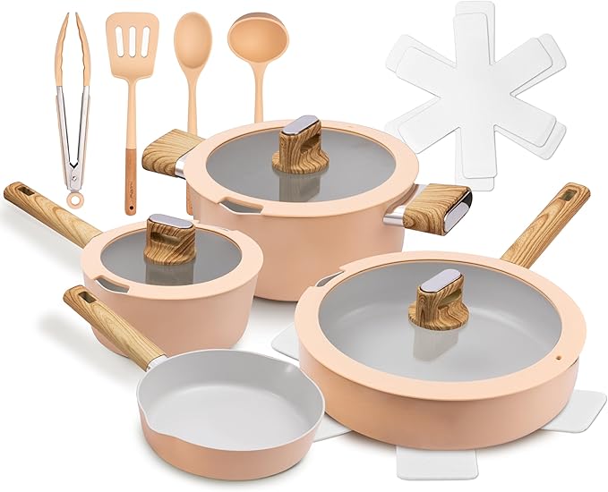 NutriChef 14-Piece Non-Stick Ceramic Cookware Set - Induction Safe Pots and Pans with Glass Lids, Cool-Touch Handles, Even Heat Distribution, Dishwasher Safe, Includes Ladle, Tong, Spatula (Pink)