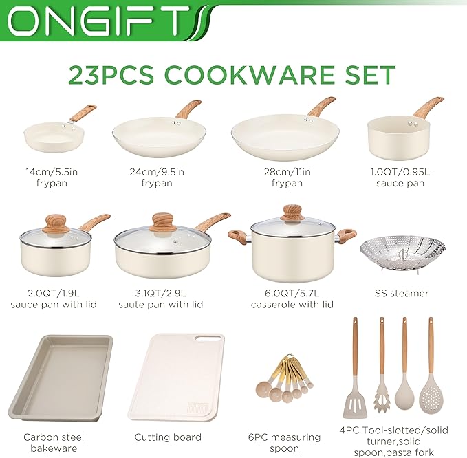 23 Pcs Pots and Pans Set Nonstick, Kitchen Cookware Sets, with Frying Pan, Saucepan, Saute Pan, Lightweight Cooking Set with Stay-Cool Wood Print Handles, NO PFAS and PFOA, Light Wood