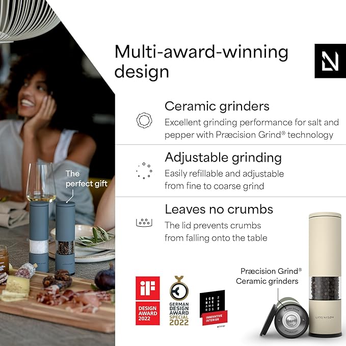 LARS NYSØM Salt and Pepper Grinder Set Manual, Stainless Steel Salt and Pepper Mills with Adjustable Ceramic Grinder I Design Spice Shakers (Green/Beige)